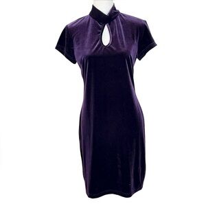 Vintage 80s Purple Velvet Backless Cut Out Dress Short Sleeve Cocktail 8